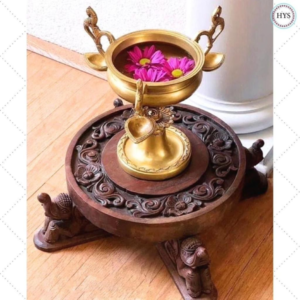 Antique Brass "Urli" with Carved Wooden Stand