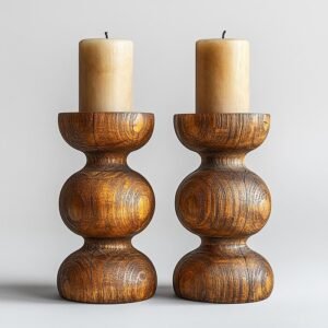 Fluted Wood & Brass Pillar Candle Holders
