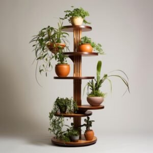 Brass-Capped Mid-Century Modern Wooden Plant Stands